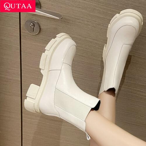 QUTAA 2022 Fashion Ins Genuine Leather Women Ankle Boots Platform Warm Fur High Heel Winter Shoes ZA Woman Casual Size 34-41