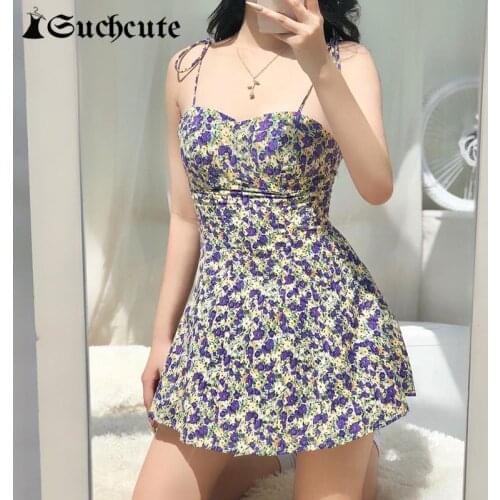 SUCHCUTE Summer Floral Print Sleeveless Mini Dress Sexy Spaghetti Strap Short Dress New Club Party Beach Casual Vacation Wear