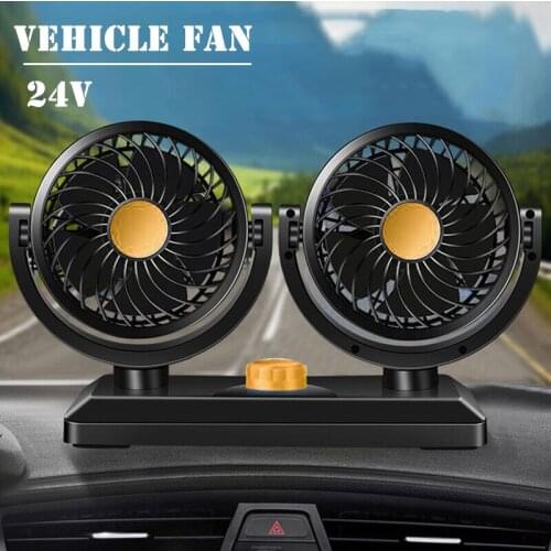 24 V Car Dual Head Cooling Fan 360 Degree Rotatable Dashboard Air Cooler 2 Speeds Adjustable Cooling Fan Portable USB Car Fan