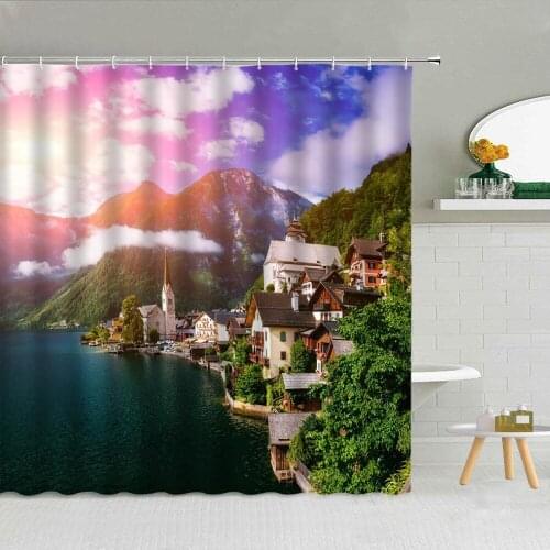 Nordic Seaside Town Building Landscape Shower Curtain Mountain Forest Sea Scenery Bathroom Decor Waterproof Fabric Curtains