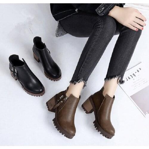 2019 Autumn Fashion Women Boots High Heels Platform Buckle Lace Up Leather Short Booties Black Ladies Shoes Good Quality