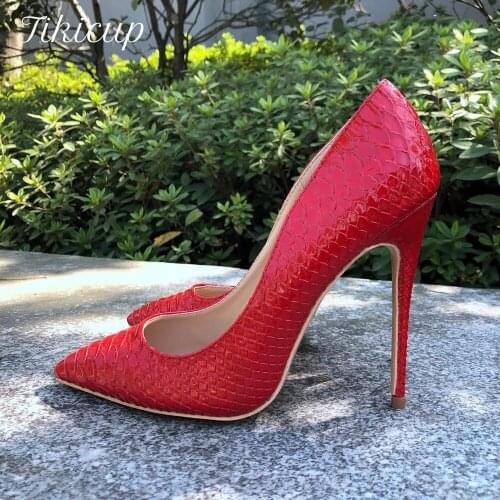Tikicup Women Croc-Effect High Heels Red Pointy Stilettos Ladies Snake Embossed Patterned Slip On Pumps Sexy Party Dress Shoes