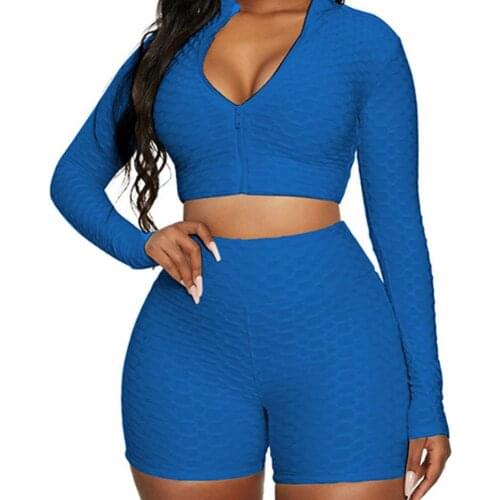 Women Yoga Set Sportswear Solid Color Pineapple Grid Summer Skinny Long Sleeve Zipper Coat High Waist Hip Lift Shorts Yoga Set