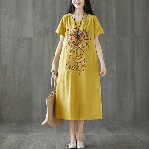 Women New Dress 2019 Summer Vintage Floral Print Embroidery Long Dresses Women O-Neck Bottom Loose Short Sleeve Vestidos L144