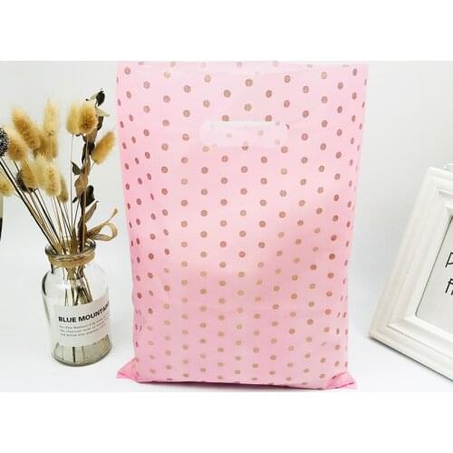25x35cm Pink Lace Gold Dot Plastic Handle Bags Christmas Gift Clothing Packaging Plastic Gift Bag With Handles 50pcs