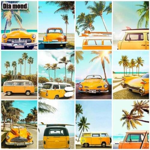 Diamond Painting Cars Coconut Tree Diamond Embroidery Bus Cross Stitch Mosaic Scenery Beach Rhinestones Handmade Home Decoration
