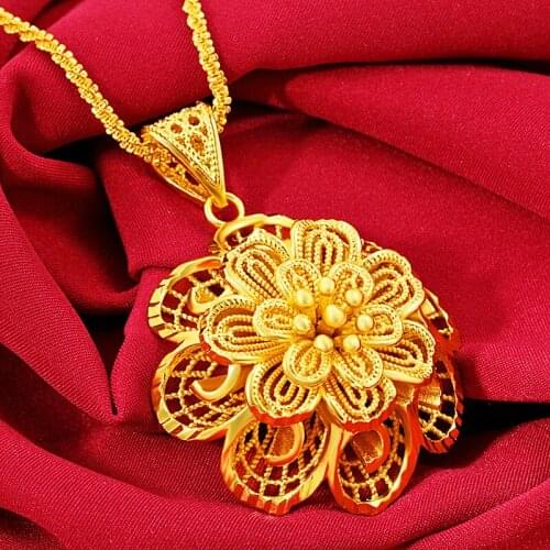 Big Filigree Flower Pendant Chain Yellow Gold Filled Wedding Engagement Women Pendant Necklace Gift