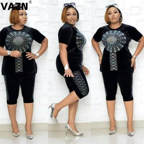 VAZN 2021 Hot Heavy Industry Diamonds Office Lady Mature High-end Daily Sweet Short Sleeve Knee Length Slim Women 2 Piece Set