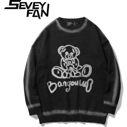 Bear Graffiti Sweater Mens Korean Loose 2021 Autumn and Winter Couples New Sweater