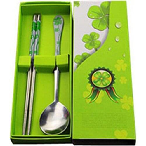 2Pcs Stainless Steel Blues and Whites Porcelain Chopsticks Spoon Tableware Set