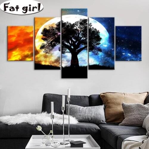 5 Panel Diamond Painting Moon Galaxy 5D Diy Giant Black Tree Picture Cross Stitch Mosaic Embroidery Square Round Drill Wallpaper