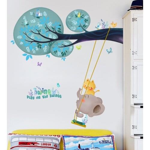 Cartoon Elephant Animal Paradise Wall Stickers Kids Room Baby Bedroom Decor Self-Adhesive Wallstickers Nursery Mural Home Decor