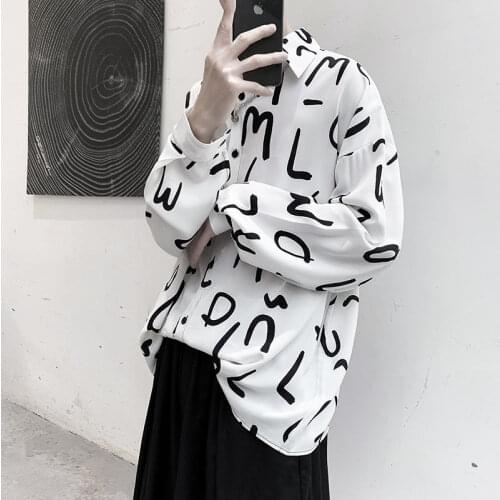 Autumn Korean Casual Shirt Mens Fashion Letter Dress Shirts Mens Streetwear Society Men Shirts Wild Loose Long-sleeved Shirt