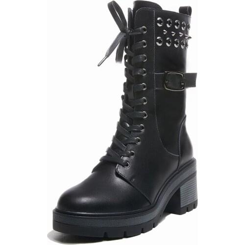 Thick Heel Black Work Boots Women Fashion Leather Casual Womens Shoes 2020 Autumn Winter New Lace-up Mid-tube Short Boots Women