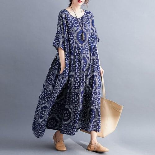 Plus Size Vintage Casual Summer Dresses Cotton Print Ladies Dresses for Women Maxi Long Oversized Floral Kaftan Dress Vestidos