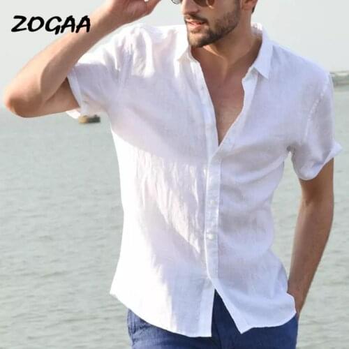 ZOGAA Men Shirts Mens White Shirt Linen Summer Mens Breathable Solid Color Button Cotton Shirt Shorts Sleeve