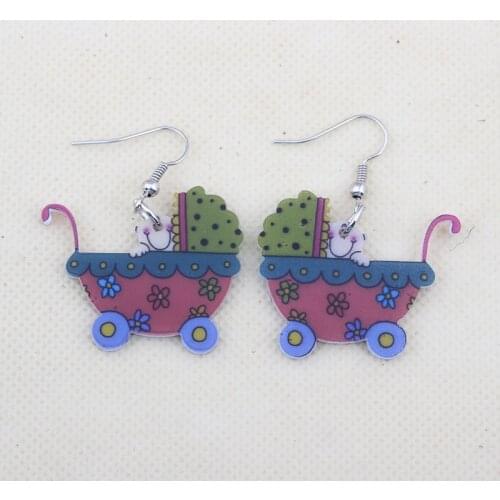 Bonsny baby carriage new 2014 drop earrings cute lovely printing acrylic design spring/summer style for girls woman jewelry