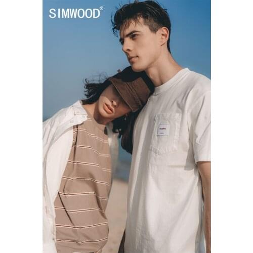 SIMWOOD 2021 Summer New Striped T-shirt Men 100% Cotton 250g Heavy Fabric Drop Shoulders Tshirt Loose Plus Size Tops SK170027