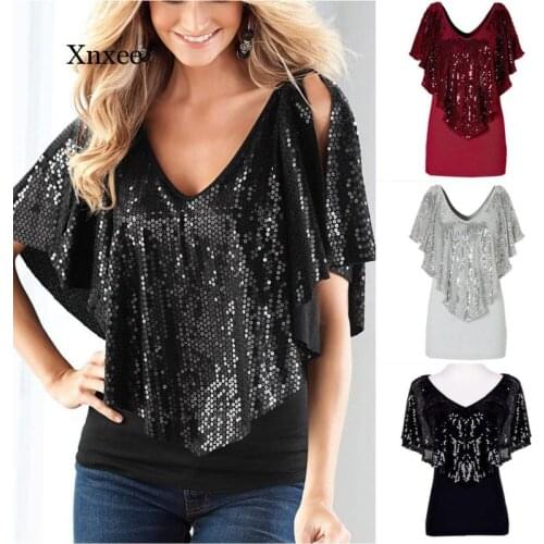 Summer Women Short Bat Sleeve Sequined t Shirts Lady Sparkle Glitter Tank Short Sleeve Top T-Shirt Clothing