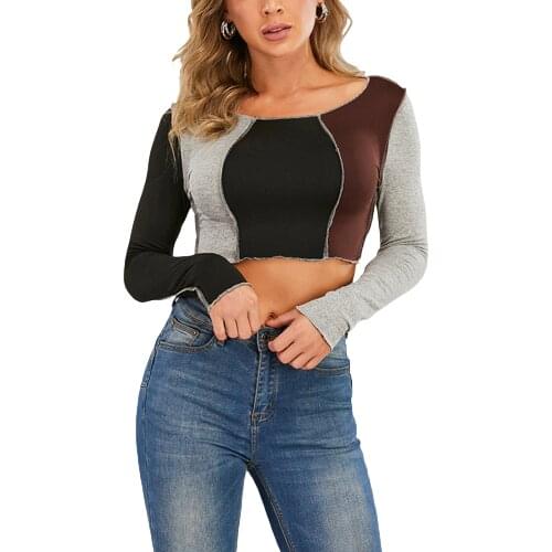 Women Patchwork Crop Tops Fashion Girls Casual Long Sleeve O-Neck Short Tees Top Stretchy Blouses Summer Clothing