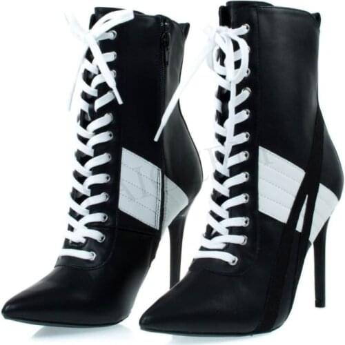 LAIGZEM Women Black and White Lace Up Boots Back Zip High Heel Ankle Booties Shoes Woman Ladies Botines Mujer Big Size 34-47