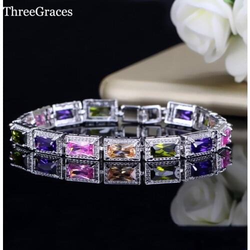ThreeGraces New Fashion Luxury Brand Big Colourful Cubic Zirconia Crystal Bracelets Jewelry Gift For Women Accessories BR113