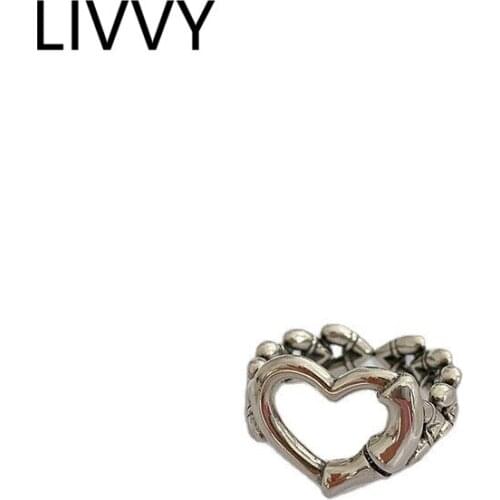 LIVVY Silver Color Love Heart Hollow Connection Ring Female Fashion Temperament Elegant French Light Luxury Jewelry