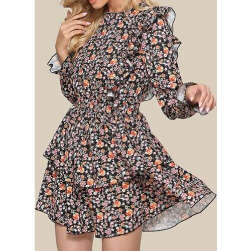 2021 Summer New Women Short Dress Pullover Mini Dress Round Neck Mid Waist Flying Sleeve Floral Layered Dress Women Accessory