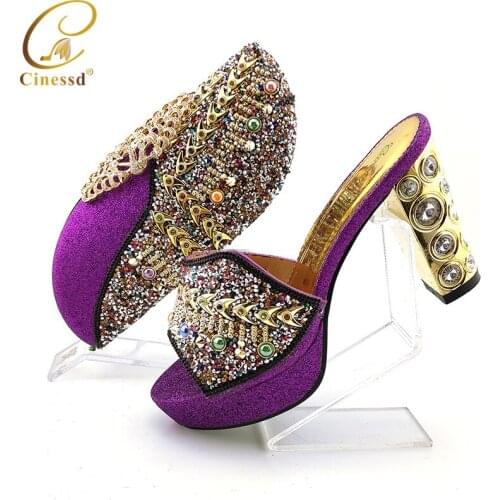 Mature Style African Lady Shoes and Bag Set in Purple Color High Quality Italian MaMa Shoes and Bag to Match for Wedding