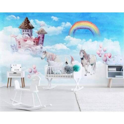 Beibehang Customize 3d wallpaper Modern hand painted sky rainbow castle unicorn childrens room background wall 3d wallpaper