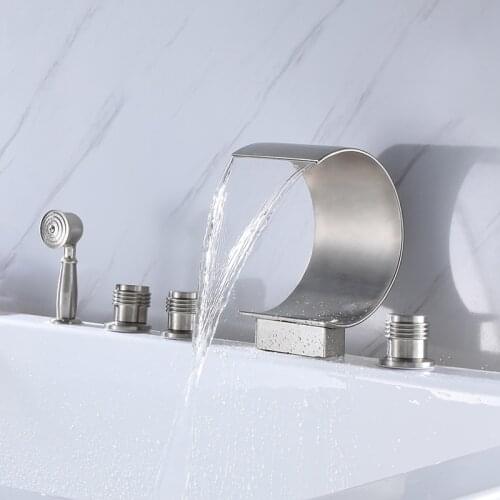 BANGPU Bathroom Waterfall Faucet With Hand Shower Set 5 Hole Tub Filler Desk Mount Bathtub Faucet Jacuzzi Faucet Brushed Nickel