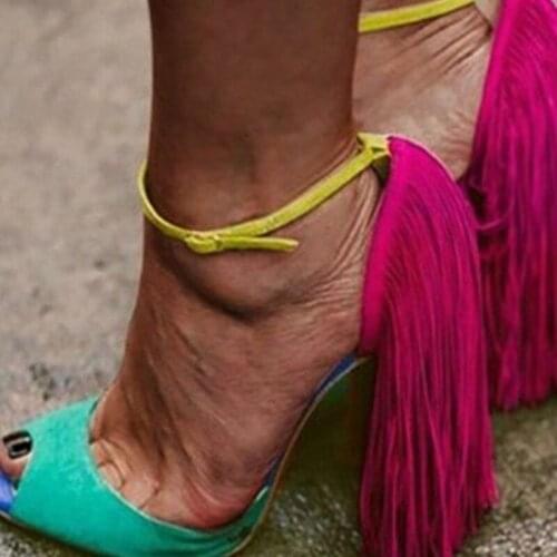 Tassel Sandals Womens Summer High Heels Candy Color Thin Heels Peep Toe Ladies Sexy Party Wedding Shoes Famale Pumps 2021 New