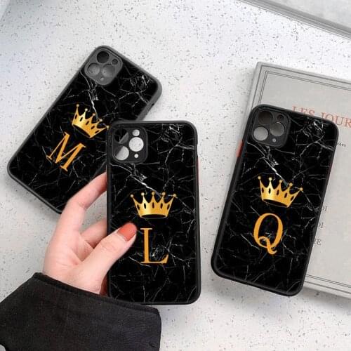 Ottwn Letter A Z Crown Phone Case For iPhone 12 Pro 11 Pro Max X XR XS Max 7 8 Plus SE 2020 Marble Texture Matte Hard PC Cover