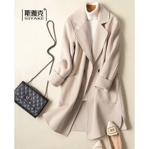 Double Sided Cashmere Coat Womens Middle and Long New Korean Version Shows Thin and Small Coat Double Sided Tweed Off White