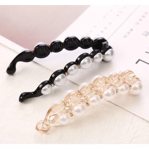 White Pearl Banana Hairpin Elegant Vertical Women Ponytail Hair Clips Rhinestone Twist Grip Korean Hair Accessories