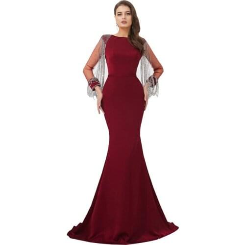 Elegant Wine Red Satin O-Neck Mermaid Fishtail Tassels Fulle Sleeve Long Evening Dress Trumpet Prom Gown robe de soiree 49306