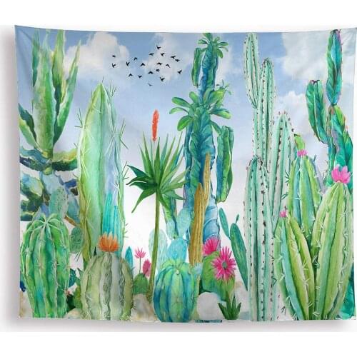 Cactus Floral Tapestry Wall Hanging Tropical Watercolor Green Cacti Desert Plant Flowers with Blue Sky Birds