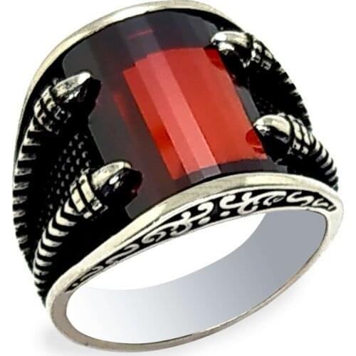 Claw Stlye With Red Zircon Stone Silver Handmade Ring Special Gift for Women & Man Punk Fashion Jewelry Made In Turkey