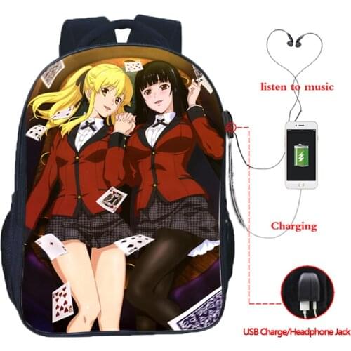 Beautiful Jabami Yumeko Kakegurui Gambaling School USB Charge Backpack Boys Girls Double Pocket School Backpacks