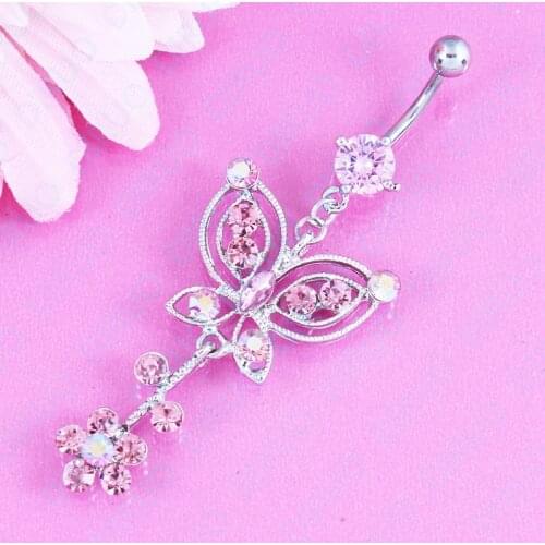 Dangle Cute Pink Gems Flower Butterfly fashion jewelry Belly Button Bar Navel Ring 14G 316L Stainless steel