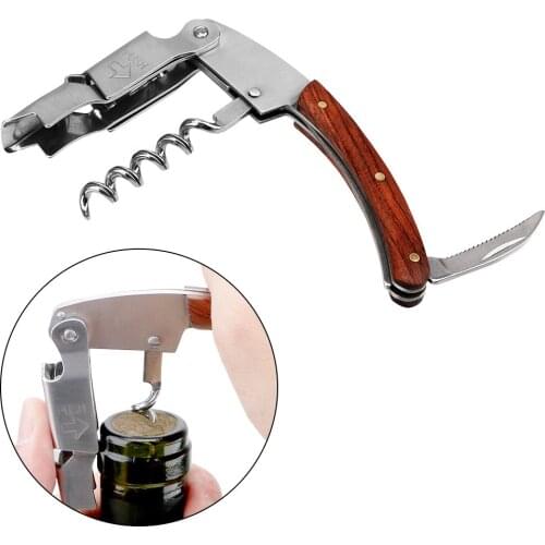 Multifunction Professional Wine Opener Portable Screw Corkscrew Wine Bottle Opener with Knife Wooden Handle Stainless Steel