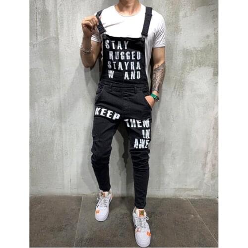 Fashion Safari Men Ripped Slim Jeans Jumpsuits Ankle Length Letter Printing Distressed Denim Bib Overalls For Men Suspender