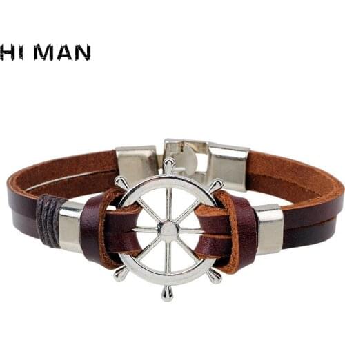 HI MAN Punk Brown Rudder Handmade Leather Bracelet Male Simple Fashion Adjustable Bracelets & Bangle Creative Jewelry Wholesale