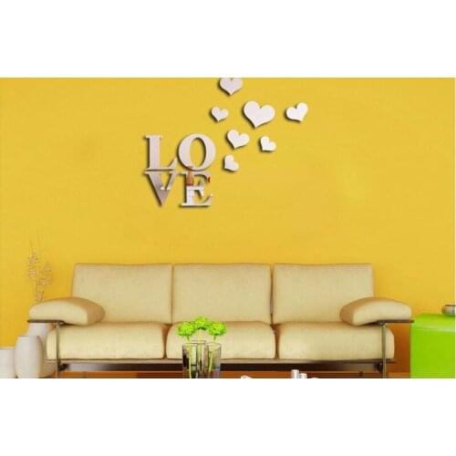 New Creative Acrylic Mirror DIY Wall Sticker Bedroom Romantic Heart Effect LOVE Silver Decoration Adesivo Wall Art Decal