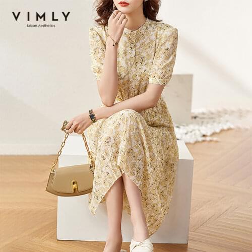 VIMLY Summer Women Dresses Fashion New Stand Collar Floral Dress Elegant High Waist Sashes Maxi Dresses Female Vestidos F7712