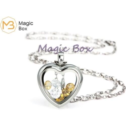 Stainless steel silver heart floating locket necklace pendant magnetic glass living photo locket charm