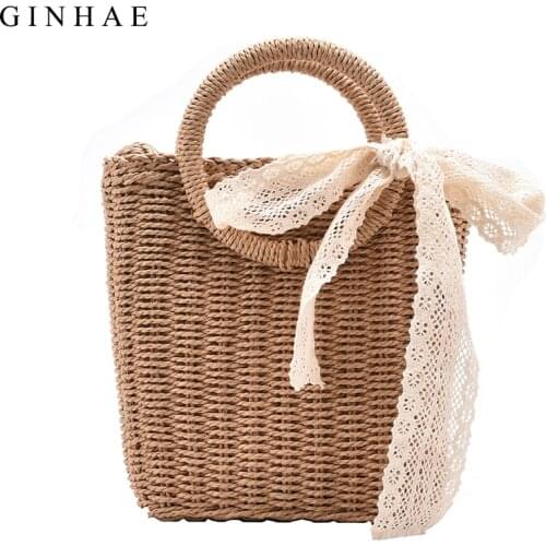 Fashion Rattan Women Handbags Wicker Woven Lady Shoulder Bags Summer Beach Straw Bag Large Capacity Totes Lace Bow Crossbody Bag