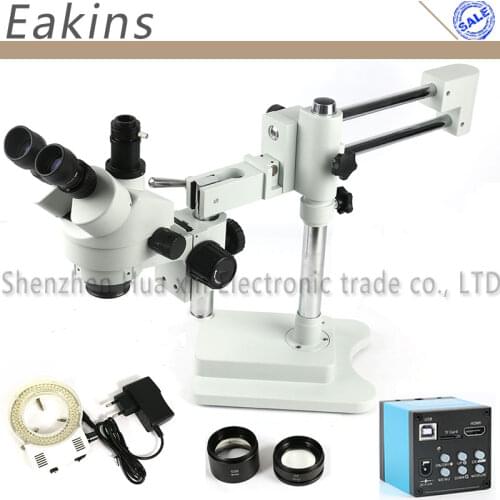 3.5X-90X Microscope Double Arm Boom Stand Simul Focal Trinocular Stereo Zoom Microscope+20MP HDMI Camera +144 Led Light