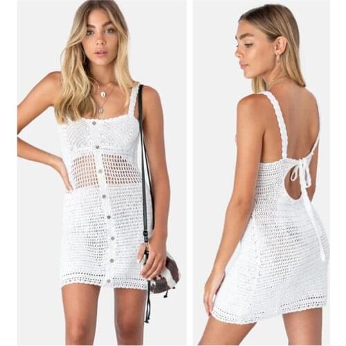 Handmade Knitted Beach Dress Sexy Halter Bandage Bodycon Hollow out Bikini Swimsuit Cover Up Transparent tunic