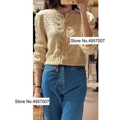 Elfbop Ladies Knitted Hollow Out Cardigan Sweater Top - Cotton Women Knitting Long Sleeve Jumper Top With Puff Sleeve